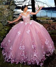 Roze kralen parels 3d bloemen Quinceanera jurken baljurk zoete zestien jurk prom feestjurken tule vestidos de 15