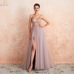 Robes de bal perlées roses grande taille longue élégante voir à travers une ligne fendue Tulle col en V robe de soirée à bretelles spaghetti 210719