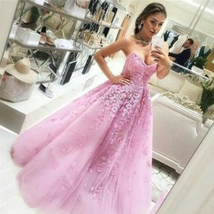 Roze kralen prom jurken strapless nek kant geappliceerd avondjurken een lijn plus size vloer lengte tule formele jurk