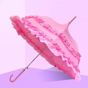 Roze beige prinses kant zonnescherm paraplu prachtige zonnige en regenachtige lange handgreep parasol toren vormige bruiloft paraplu