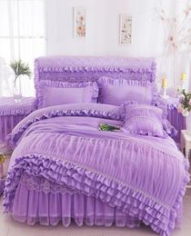 Pink Beige Purple Lace Princess Set de cama King Queen Size 4 PPCS Ruffles Camedera Falda de boda Vida de cama Bedetina P9628218