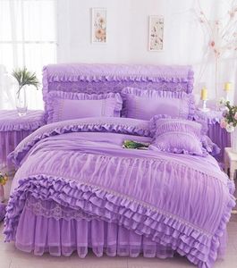 Pink Beige Purple Lace Princess Batting Set King Queen Size 4 PPCS Ruffles Camas de cama Boda Divet de boda Vapa de cama Boletín P2274443