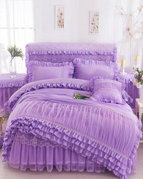 Pink Beige Purple Lace Princess Set de cama King Queen Size 4 PPCS Ruffles Camedera Falda de boda Vida de cama Camiseta P8716119