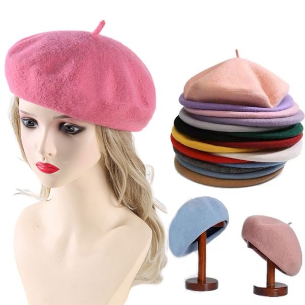 Béret rose Film et télévision même chapeau laine artiste chapeau automne et hiver femmes laine chapeau couleur unie bourgeon chaud