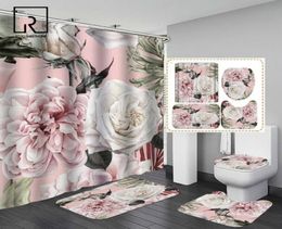 Pink Big Flowers Cortina de ducha estampada con alfombra Antislip Alislip Bañera Pantalla de baño Decoración de baño impermeable con ganchos 26802945