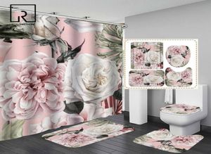 Roze grote bloemen bedrukt douchegordijn set met tapijt antislip tapijt badkuip toilet scherm waterdicht badkamer decor met haken 27620770