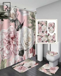 Big Flowers Pink Flowers Printed Curtain Ensemble avec tapis AntiSlip Carpet baignoire Toilet d'écran de toilette étanche décor avec crochets 23354013