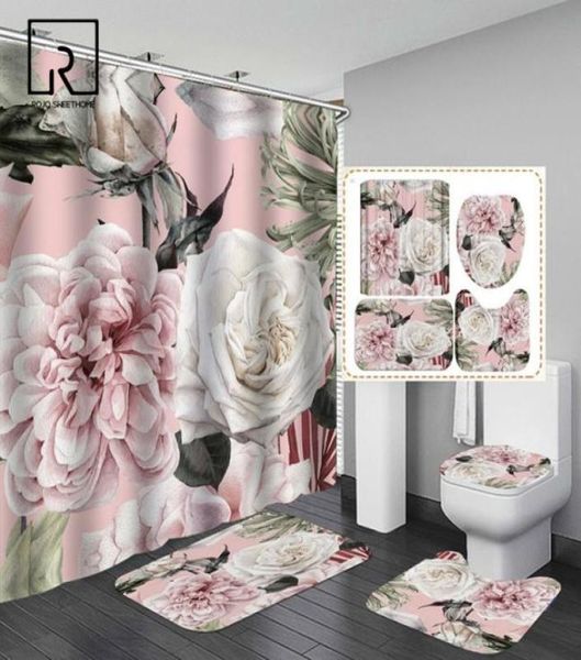 Big Flowers Rose Flowers Imprimé Curtain de douche Ensemble avec tapis AntiSlip Carpet baignoire Toilet d'écran étanche Decor de salle de bain imperméable avec crochets 24315748
