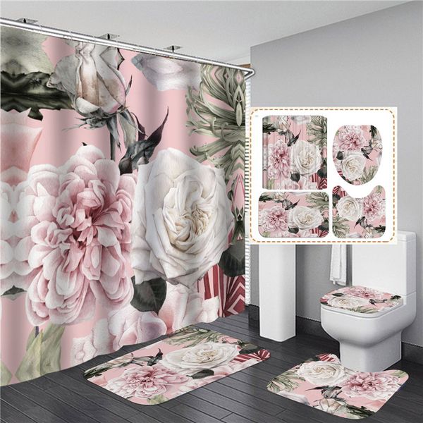 Big Flowers Pink Flowers Printed Curtain Ensemble avec tapis Baignoire de tapis antidérapante Écran de toilette Écran de salle de bain imperméable décor avec crochets