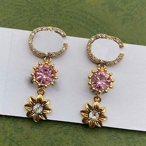 Rose Big Jewel Dangle Charm Gold Flower Eardrop Full Diamonds Double Letters Geometry Design Ear Stud