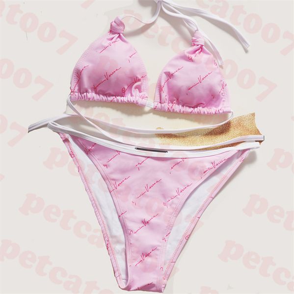 Bikini rose costume femmes maillot de bain petite lettre Logo maillots de bain ensemble plage dames Triangle maillots de bain