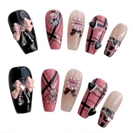 Roze zwarte valse nagels met parels Natuurlijke onbreekbare nagel eenvoudige slijtage voor manicure -liefhebbers en schoonheidsbloggers 240430