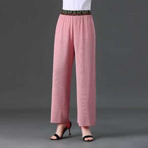 Roze zwart losse fitting broek vrouwen lente zomer glanzende doek wijde been elastische taille broek volwassen dame bling stoffen bodem nieuwe Q0801