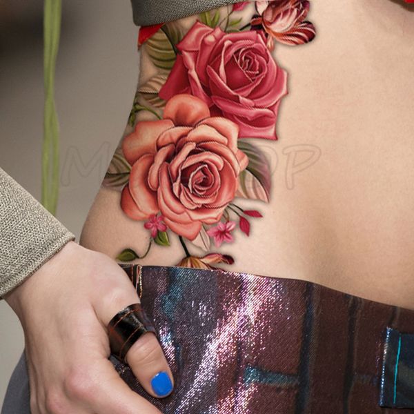 Pegatinas de tatuaje falso de transferencia de agua rosa para mujer, arte corporal para el pecho, pulsera de cintura temporal, tatuajes de flores para niña