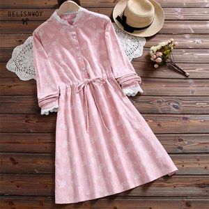 Roze blauw vlinder gedrukt lace up vestidos elegante katoen kawaii schattige lente jurk Japanse mori meisje herfst vrouwen zoete 210520