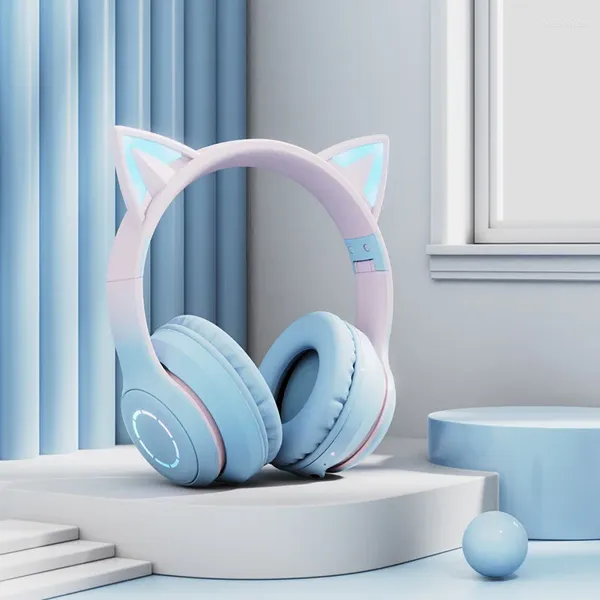 Oreillettes de chat rose et bleu, casque d'écoute pour Gamer Girl Kitty, sans fil, Bluetooth, avec micro, lumière Flash, musique stéréo