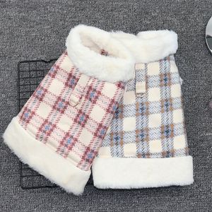 Roze / blauwe geruite winter hondenkleding mode warme kleine kat en hondenkleding plus fluwelen huisdier vest met tractie gesp xD29942