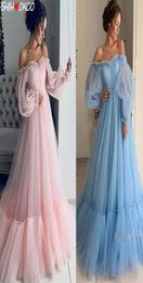 Robes de bal bleu rose à manches longues hors de l'épaule Gauze Princesse Vestido 2022 Robe de bal Homecoming Robes de fête du soir 583851