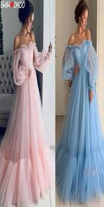 Roze blauw prom -jurken lange mouw voor de schoudergaasprinses Vestido 2022 Homecoming Ball Jurk Formele avondfeestjes 5838851