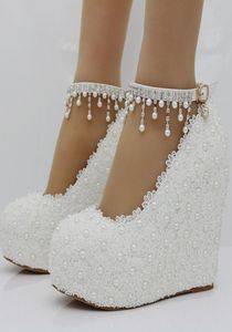 Zapatos de boda de encaje blanco azul rosa con correas de hebilla de cuentas Tacón de cuña Zapatos de mujer de moda Zapatos de dama de honor de tacón alto de 4 pulgadas 9688451
