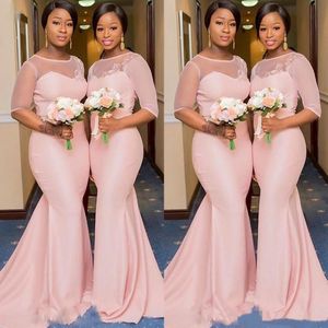 Robes de demoiselle d'honneur de sirène africaine nigériane rose blush avec manches 2021 col en dentelle pure, plus la taille demoiselle d'honneur robe d'invité de mariage