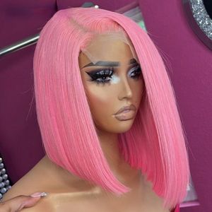 Rose Bob Short Cut Perruques Blonde Droite Lace Front Perruques de Cheveux Humains 180D Dentelle Transparente Pré Pincée Bob Dentelle Perruques Cheveux Synthétiques