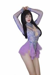 Body rose pour femmes Rhineste Lg manches maille combinaisons 2024 taille unique danse scène porter Drag Queen tenue U6Tb #