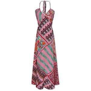 Pink Bohemian Halter Sin mangas Floral Estampado de flores A-line V Neck Maxi Dress Summer Beach Vocation Sexy Lace-up D1783 210514