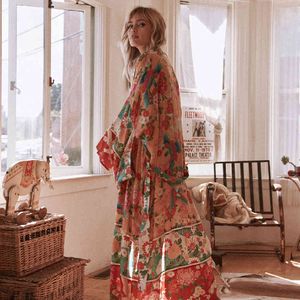 Rose Boho Imprimer Robes Maillot De Bain Cover-ups Plus La Taille Beach Wear Kimono Robe Tunique Femmes D'été Maillot De Bain Cover Up A837 210420