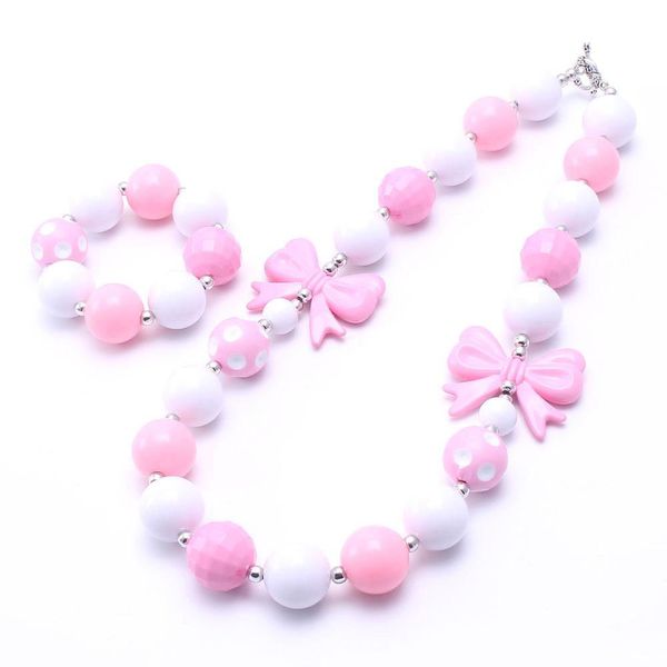 Ensemble de collier et bracelet épais avec nœud rose, ensemble de bijoux à la mode avec perles roses et blanches pour enfants et filles en bas âge, Bubblegum