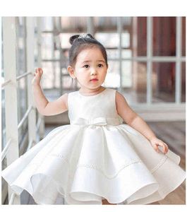 Arc rose nouveau-né bébé fille 1er anniversaire robe blanche petite fille robe de bal robe de princesse infantile fille baptême vêtements de baptême G1129