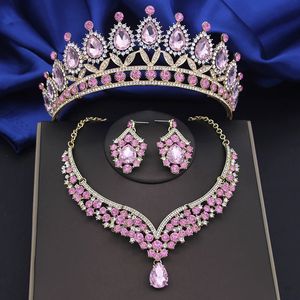 Roze Bridai Crown sieradensets voor vrouwen 3 pc's tiara's met ketting oorbellen set bruiloft bruiden prom kostuum accessoire 240506