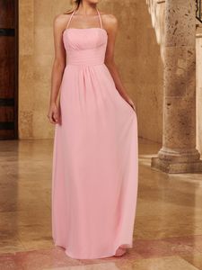 Robe de demoiselle d'honneur rose en mousseline de soie longueur de plancher robes de soirée de mariage plis de haute qualité drapés