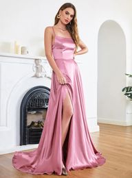 Vestidos de dama de honor rosa Una línea Spaghetti Front Split Long Long Maxi Maid of Honor Gowns Fiesta de la boda Vestido de noche CPS3026 0520