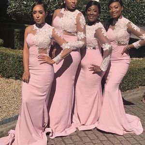 Roze bruidsmeisje jurken een schouder lange mouwen lange mouwen kanten applique zeemeermin sweep trein Afrikaanse plus size maid van honor jurk vestidos 403