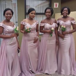 Roze bruidsmeisje elegante jurken uit de schouder handgemaakte bloemen kralen kant stoffen overrok bruidsmeisje jurk bruiloft gast slijtage