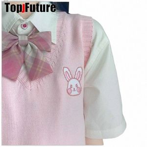 roze BUNNY Japans meisje gebreide vest schattige veelzijdige trui schooluniform vesten KONIJN borduurwerk JK UNIFORM trui R4As #
