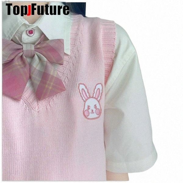 Gilet tricoté de fille japonaise BUNNY rose mignon pull polyvalent école uniforme cardigans broderie lapin JK pull uniforme R4As #