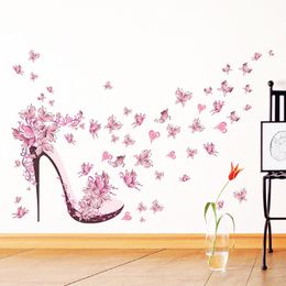 Papillon rose talons hauts Sticker Mural pour salon chambre de fille décorations de fond décalcomanies Art Mural autocollants sur le mur