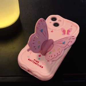 Étui de téléphone portable avec support papillon rose, étui de dessin animé mignon 3D, mode antichoc, coque arrière pour fille et femme, étui de téléphone portable pour Iphone 15 14 13 12 11 Pro Max lyp065