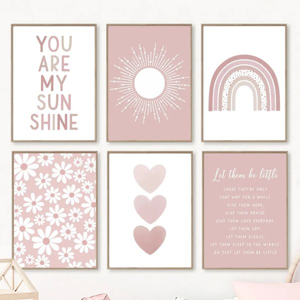 Mariposa rosa, sol, arcoíris, Margarita, corazón, cuadro sobre lienzo para pared, carteles impresos, imágenes de pared Kawaii, decoración para habitación de bebé y niños L01