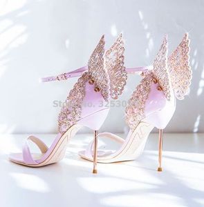 Roze vlinder dames high-end sandalen 289 metalen stiletto hiel metallic cut-outs pumps bling crystal celebrity trouwschoenen 23080 94 lic