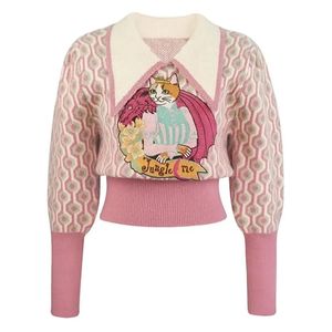 Roze Cartoon Geborduurde Trui Trui Dames Vintage Elegante Stijlvolle Dames Tops Herfst Winter Lange Mouw Mode Truien