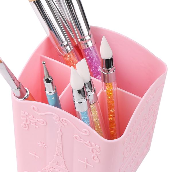 Boîte de rangement de brosse cosmétique de sculpture rose Organisateur de maquillage de la papeterie en plastique portable porte-stylo 3/4