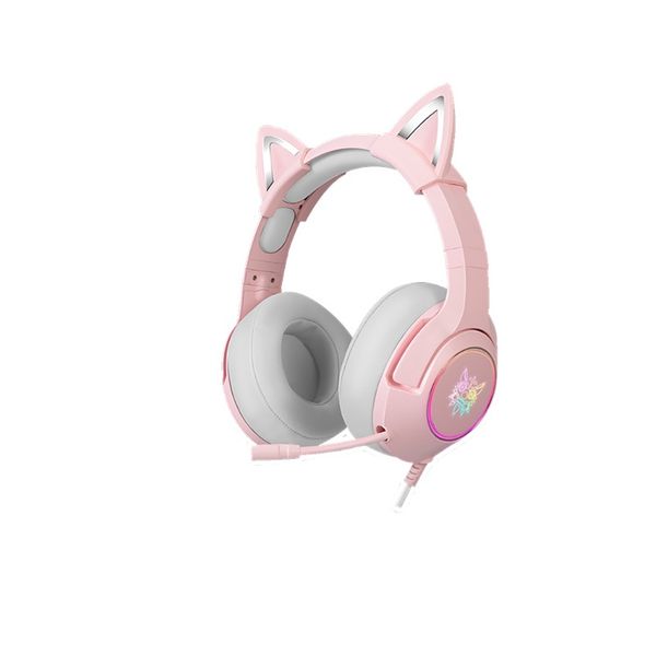 Écouteurs d'oreille de chat rose avec casque de jeu de micro flexible de lumière RVB 7.1 écouteurs d'ordinateur surround pour PC Gamer