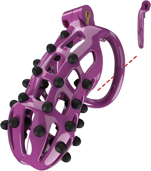 Cage de chasteté rose pour les hommes avec 4 anneaux de coq et pointes en silicone en nylon résine de serrure de serrure accessoires de matériel de garniture kit bsdm toys for couples sexe (violet-flat-a5z)