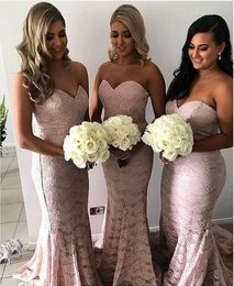 Roze goedkope blush zeemeermin bruidsmeisje jurken Volledig lieverd vloer lengte kanten appliques bruiloft gastjurk prom feestjurken