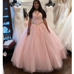 Pink Cheap Lace Beaded Crystals Quinceanera Prom Dresses Sheer Neck Ball Gown Tulle Evening Party Sweet 16 Dress