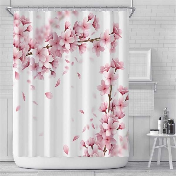 Fleur de cerisier rose fleurs de pêcher rideau de douche fond blanc fille salle de bain écran en tissu polyester imperméable avec crochet ensemble 211119