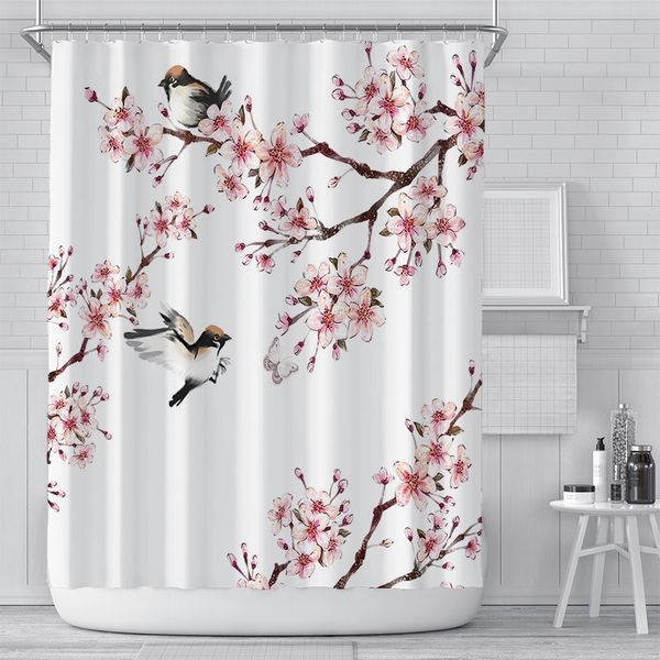 Blossom de fleur de cerise rose Blossoms rideau de douche fond blanc fille salle de bain étanche écran de tissu polyester avec ensemble de crochets